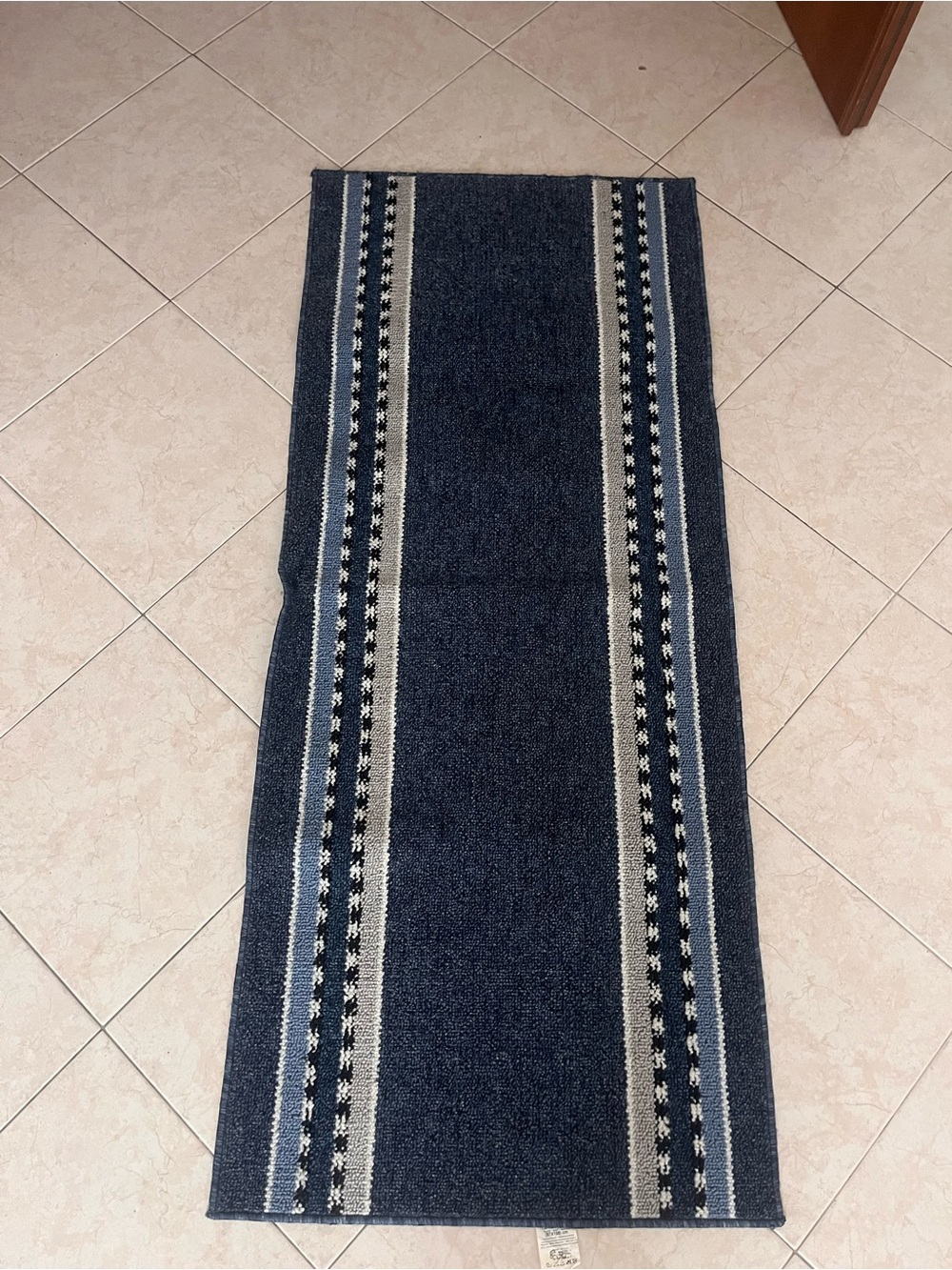 Navy Blue Woven Runner Rug with Striped Border